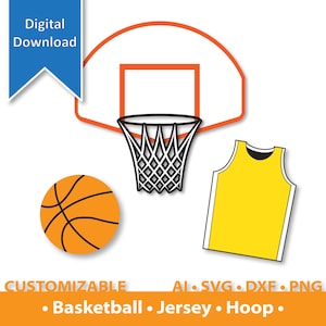 May include: A digital download of a basketball, jersey, and hoop. The basketball is orange with black lines. The jersey is yellow with a black outline. The hoop is red with a black net.