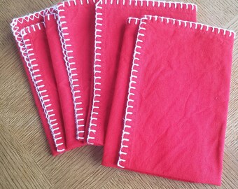 Red Napkins- Vintage set of 4 large summer casual napkins with white embroidery edges