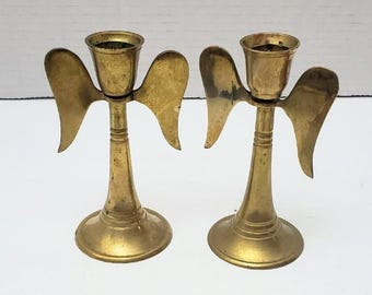 Vintage brass aged candlestick holders-heavy  brass angel wings