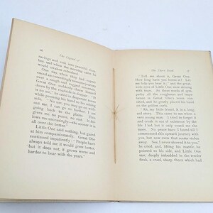 Pu&ograve; includere: Un libro aperto con pagine ingiallite. Il testo nero presenta i titoli "The Legend of" e "The Thorn Road". Un sottile stelo di pianta secca funge da segnalibro tra le pagine.