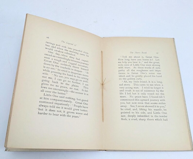 Pu&ograve; includere: Un libro aperto con pagine ingiallite. Il testo nero presenta i titoli "The Legend of" e "The Thorn Road". Un sottile stelo di pianta secca funge da segnalibro tra le pagine.
