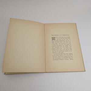 Pu&ograve; includere: Un libro aperto con pagine bianche sporche. Il testo sulla pagina di destra inizia con una grande iniziale decorativa. Il titolo "THE LEGEND of THORNS ROAD" &egrave; visibile in alto.