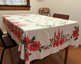 Vintage Retro Christmas tablecloth rectangle candles and poinsettia