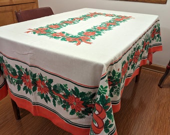 Vintage Large Retro Christmas tablecloth rectangle Ribbons and poinsettia and holly A