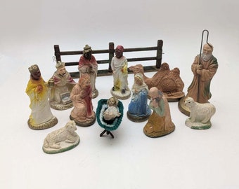 Nativity  Scene with some mismatched chippy figures and animals with infant Jesus large group #M