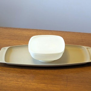 May include: A beige plastic serving tray with a white plastic bowl on top. The tray has a raised edge and a smooth surface. The bowl is round and has a slightly raised lip.