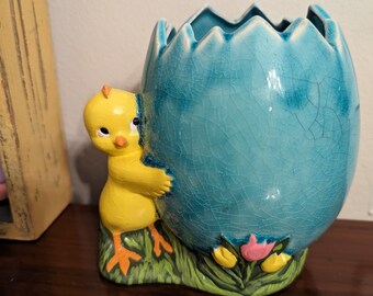 Vintage  Easter chick with with blue egg