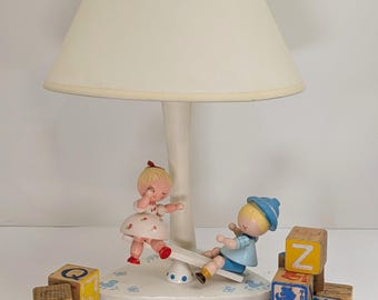 Vintage 1960s Young Designs Inc. Wooden Nursery Lamp - Hand-Painted Boy & Girl Teeter Totter - NY USA Mid-Century Decor