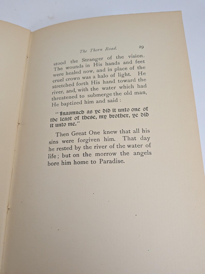 Pu&ograve; includere: Libro aperto con testo da "The Thorn Road". Il testo &egrave; stampato con inchiostro nero su carta invecchiata, bianco sporco. Il numero di pagina 29 &egrave; visibile. Il testo descrive una scena religiosa con le parole "Straniero", "ferite" e "Paradiso".
