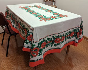 Vintage Large Retro Christmas tablecloth rectangle Ribbons and poinsettia and holly B