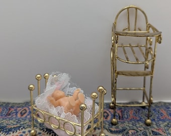 Brass miniature Dollhouse crib and highchair with baby