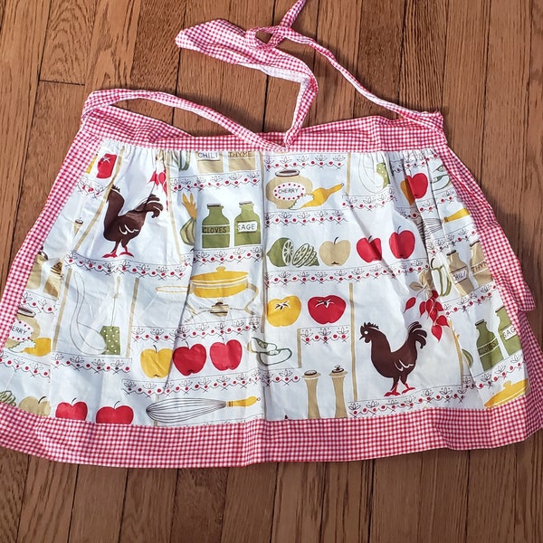 Apron -  Vintage mid century 1950s Graphics and Red Gingham cotton reversible