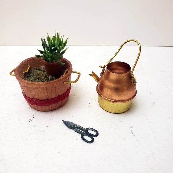 Vintage miniatures dolls and doll house wooden bucket and copper watering can