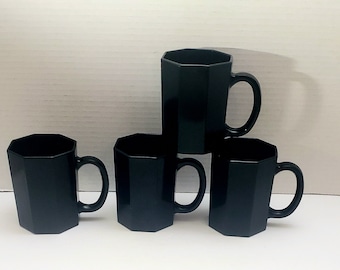 Black Glass Octagonal mugs France Arcoroc Mugs