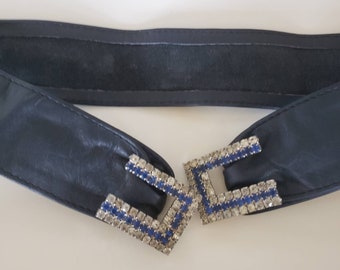 Vintage art Deco Belt Buckle rhinestones on a navy leather belt strip