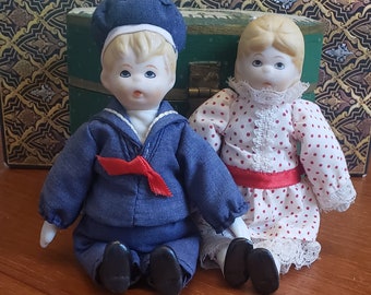 Pouting Vintage Dolls - Porcelain and cloth Sailor and polka dot girl 4th of July