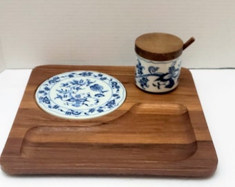 Blue and white tile cheese board charcuterie board Danish Modern Teak