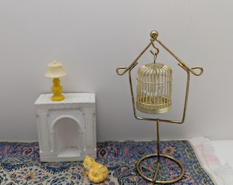 Brass miniature Dollhouse Birdcage with white bird