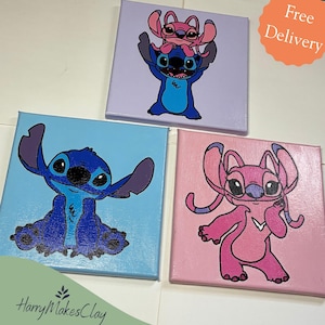 Stitch and Angel Paintings – Lilo & Stitch Canvas Art – Hand Painted Disney Wall Decor – Cute Cartoon Characters – Gift for Disney Fans