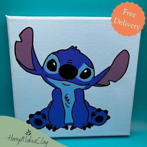 Quadro su tela Stitch – Decorazione dipinta a mano di Lilo e Stitch – Graziosa decorazione da parete con personaggi Disney, regalo per i fan Disney – Arte per la cameretta o la camera da letto