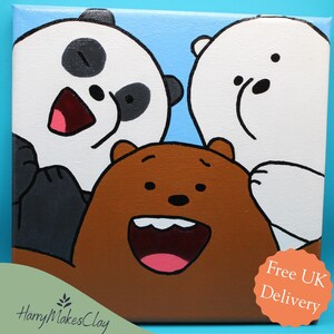 Lienzo decorativo de We Bare Bears (20 x 20 cm) – Adorable dibujo de oso polar, oso pardo y panda – Decoración estética para habitación – Regalo pintado a mano para fans