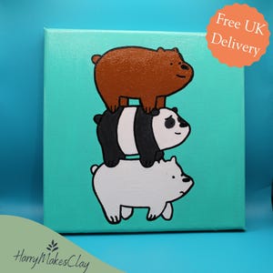 Lienzo decorativo de We Bare Bears (20 x 20 cm) – Adorable dibujo de oso polar, oso pardo y panda – Decoración estética para habitación – Regalo pintado a mano para fans