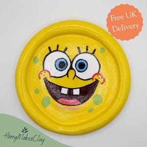 Handmade SpongeBob Trinket Dish - Air Dry Clay Jewellery Tray - Small, Medium & Large Sizes - Unique Gift for SpongeBob Fans