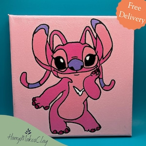 Angel Lilo and Stitch Canvas Painting – Hand Painted Disney Wall Art – Cute Cartoon Character Decor – Gift for Disney Fans & Nursery Art