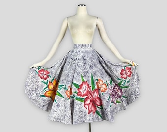 Vintage 50s Hand-Painted Mexican Circle Skirt, Floral Novelty Print, Medium