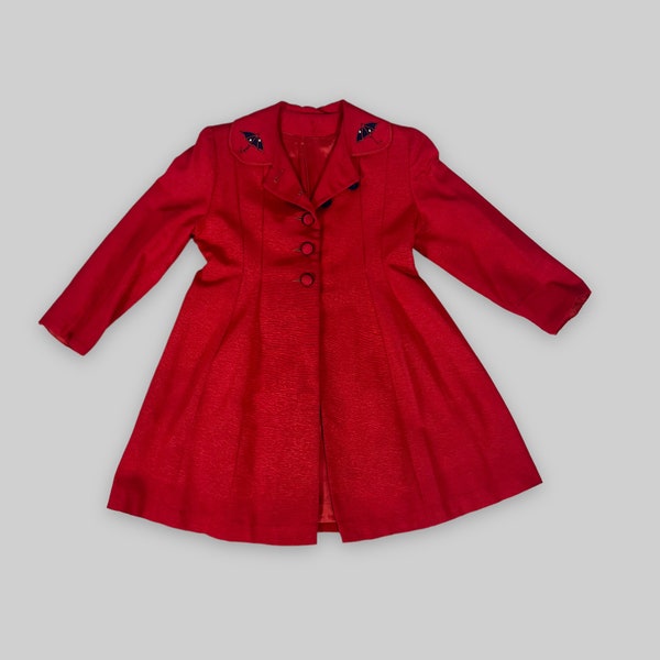 vintage années 1950 Manteau pour filles / Rouge avec parapluies et strass / coupe princesse / taille L ? veste habillée