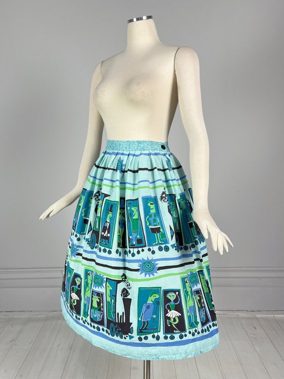 Vintage 50s / 60s NOVELTY PRINT Skirt / blue gree… - image 3