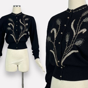 Vintage 1950s Black Cashmere Beaded Cardigan Sweater rhinestones cattails floral Pringle of Scotland wool pin-up rockabilly  M