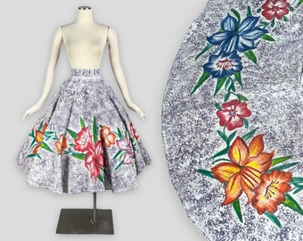 Vintage 50s Hand Painted MEXICAN Full Circle Skirt / floral flowers pin-up rockabilly souvenir novelty print Mexico M