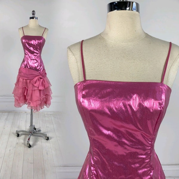 Vintage 80s METALLIC PINK PROM Dress formal dance headstock sleeveless short ruffles & bow xs wild child