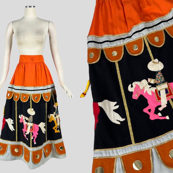 On hold Vintage Rizkallah for Malcolm Starr Caspian Sea Carousel Maxi Skirt 1970s circus horse carnival designer wool felt novelty size S