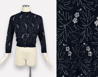 Vintage 1950s Black & Silver Cardigan Sweater by Kerrybrooke / Orlon Acrylic floral rockabilly pin-up M L