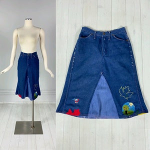 Vintage 1960s / 1970s DENIM WRANGLER SKIRT jeans embroidery hippie boho handmade one of a kind festival Woodstock S (27 -28 waist) 60s 70s