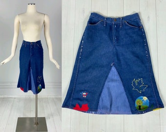 Vintage 1960s / 1970s DENIM WRANGLER SKIRT jeans embroidery hippie boho handmade one of a kind festival Woodstock S (27 -28 waist) 60s 70s