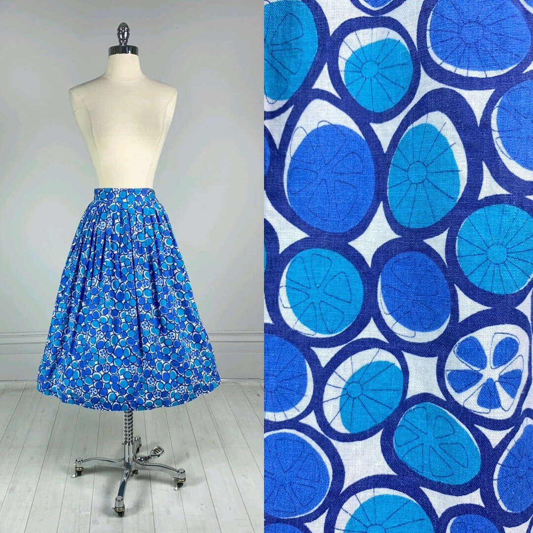 Vintage 1950s Blue Novelty Print Skirt Abstract Circles / Floral