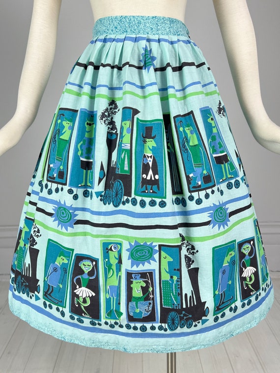 Vintage 50s / 60s NOVELTY PRINT Skirt / blue gree… - image 5