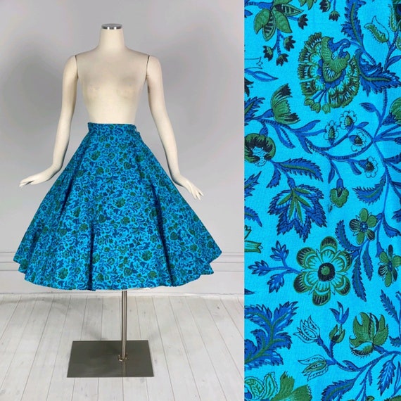 Vintage 1950s FLORAL PRINT CIRCLE Skirt blue turq… - image 1