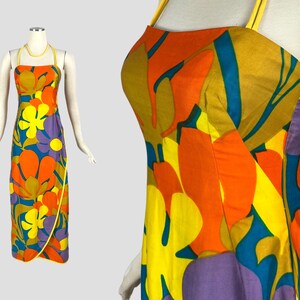 Vintage 1960s Alfred SHAHEEN TIKI DRESS Hawaiian sarong with mod flower design vlv rockabilly pin-up Hawaii tropical S