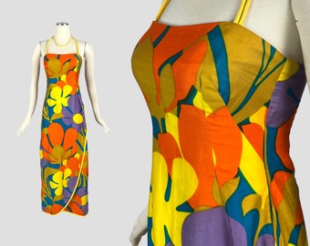 Vintage 1960s Alfred SHAHEEN TIKI DRESS Hawaiian sarong with mod flower design vlv rockabilly pin-up Hawaii tropical S