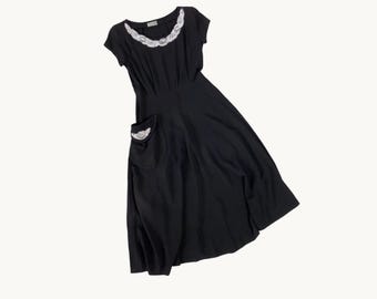Vintage Black Crepe Rayon Dress, Beaded Rhinestone Collar, 1940s Cocktail Frock M