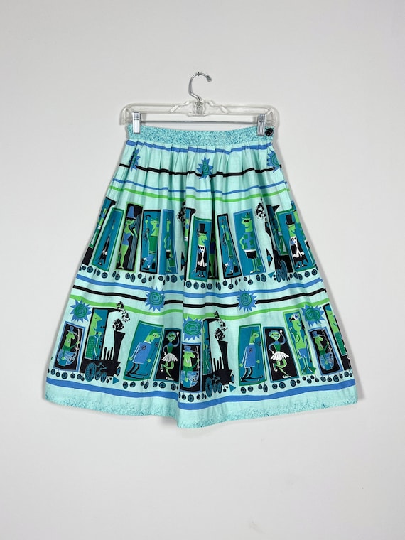 Vintage 50s / 60s NOVELTY PRINT Skirt / blue gree… - image 6