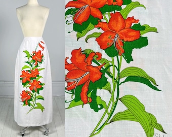 Vintage 1970s Alfred Shaheen Skirt / white and orange floral signed print / maxi long length designer M / L Hawaiian