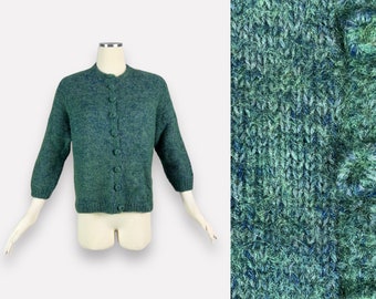 Vintage 1950s - 1960s Fuzzy Mohair Cardigan Sweater / teal blue green knit wool pin-up rockabilly nirvana slouchy oversized L XL 50s 60s