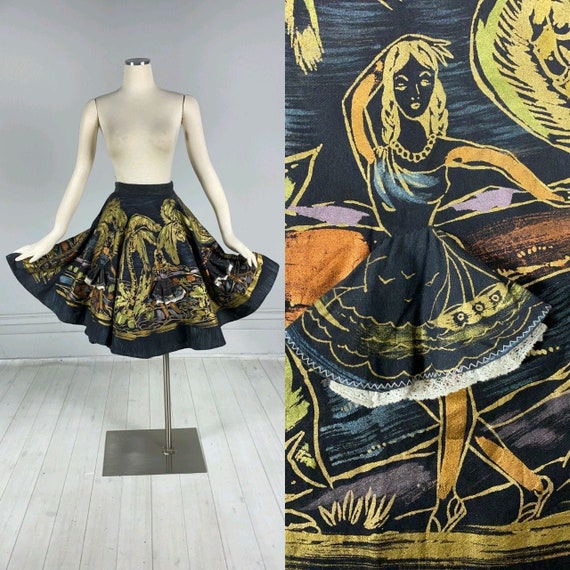 Vintage 1950s Hand Painted MEXICAN CIRCLE SKIRT w… - image 1