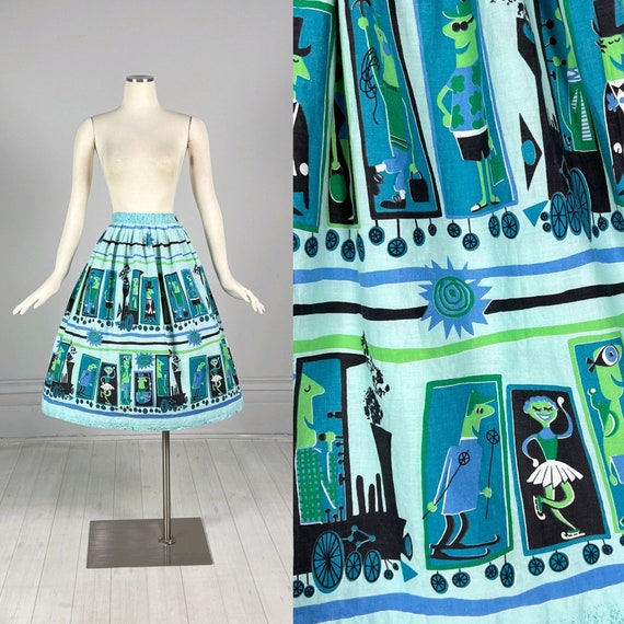 Vintage 50s / 60s NOVELTY PRINT Skirt / blue gree… - image 1