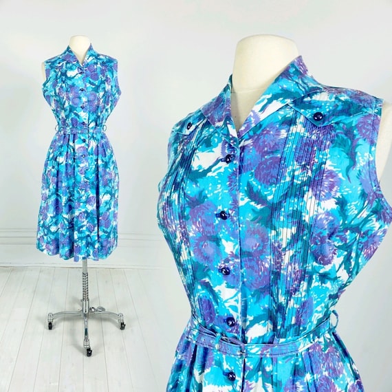 Vintage 1950s FLORAL PRINT Day Dress with belt blu